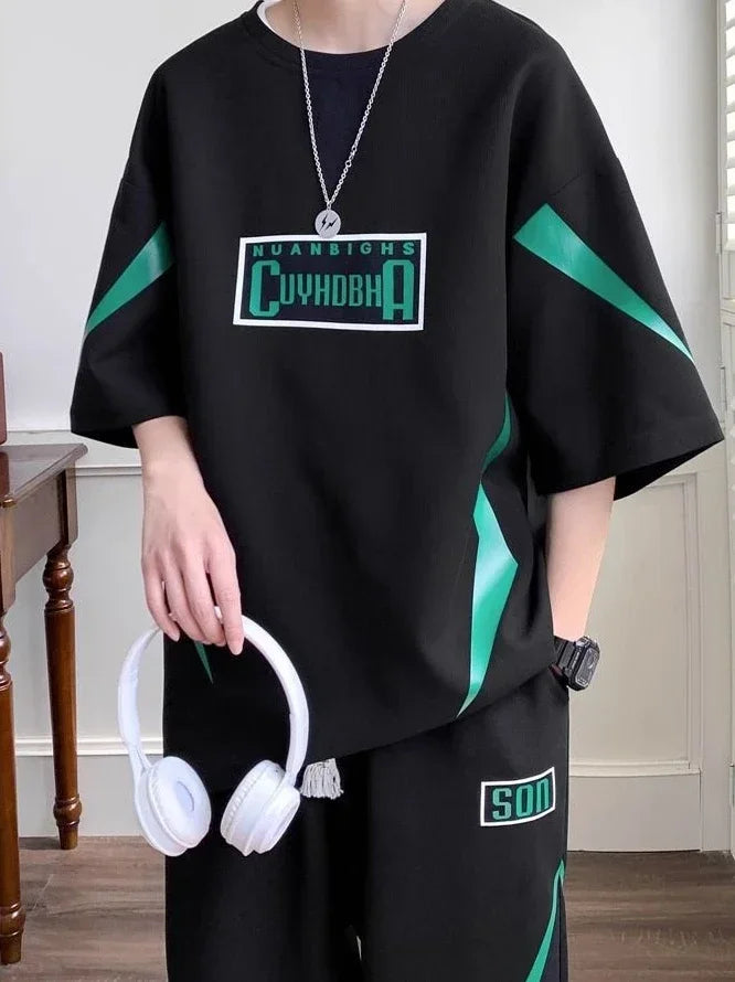 Male T Shirt Trousers Sets Smooth Sports Suits Alphabet Men's Pants Set Two-piece Outfits Xl Offer Korean Style Stylish Casual