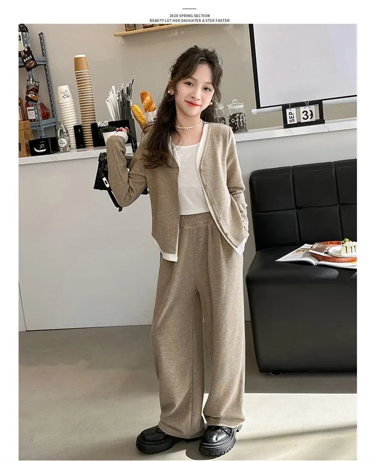 Korea Style Girls Casual Clothing Sets Single Button V-Neck Fake Splice Top and Pants Two Pieces Grey Khaki Kids Teenage Outfits
