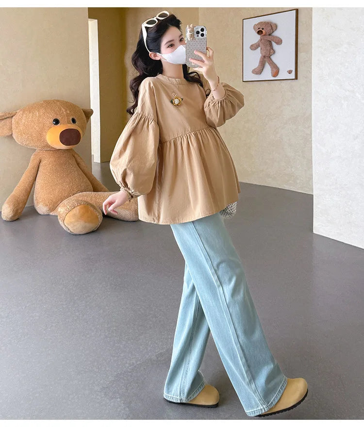 Maternity Blouse Spring Autumn Flower Round Neck Puff Long Sleeve Tops For Pregnant Women 2026 Loose Comfortable