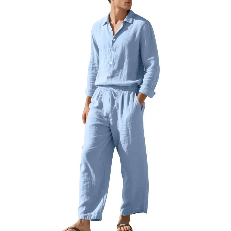 KIDWHXR Man 2-piece Outfit Spring Single-breasted Long Sleeve Shirts Male Drawstring Trousers Men Thin Cotton Linen Casual Set