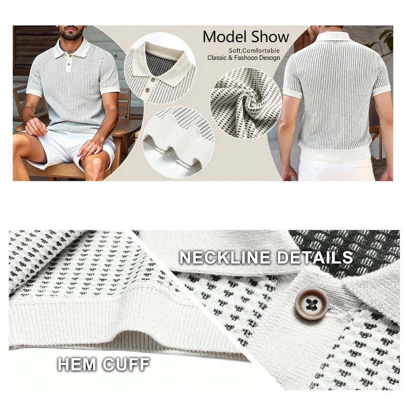 Mens Knit Shirts Short Sleeve Men's Textured Knit Polo Shirt Summer Short Sleeve Vacation Button Beach Knit Stretchy Golf Shirts