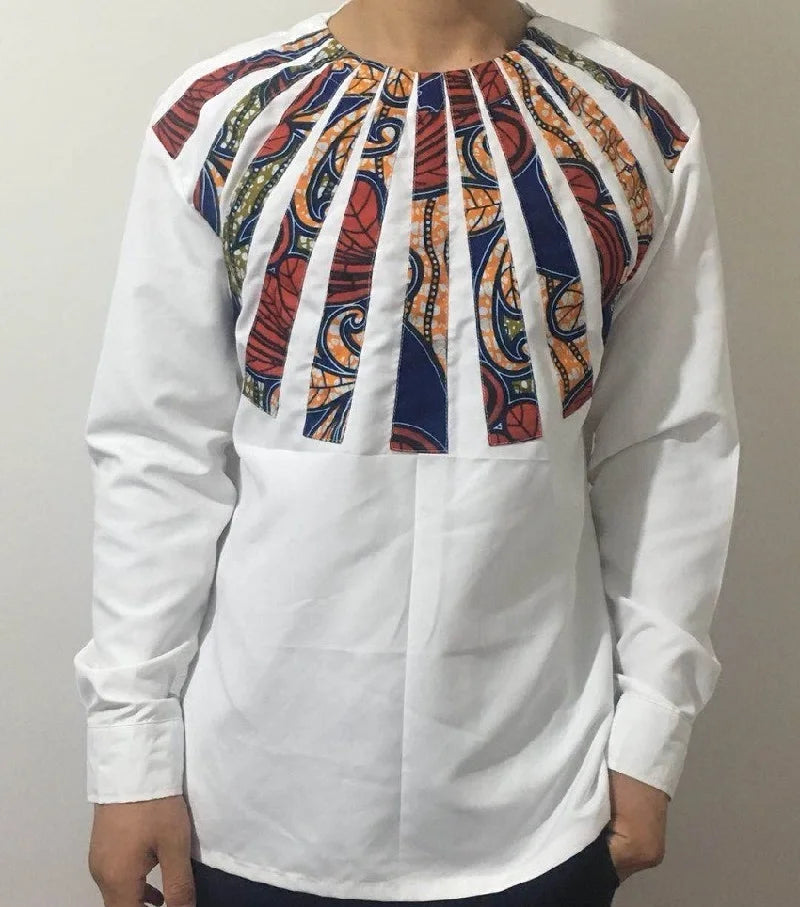 Nigerian Fashion White Men's Shirts O-Neck Modern Design Sector Patchwork Tops Customized African Wedding Party Wear