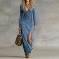 New Fashion Jean Long Dress Women V Neck Long Sleeve Breasted Front Split Up Party Dresses For Women Spring Autumn Denim Dress
