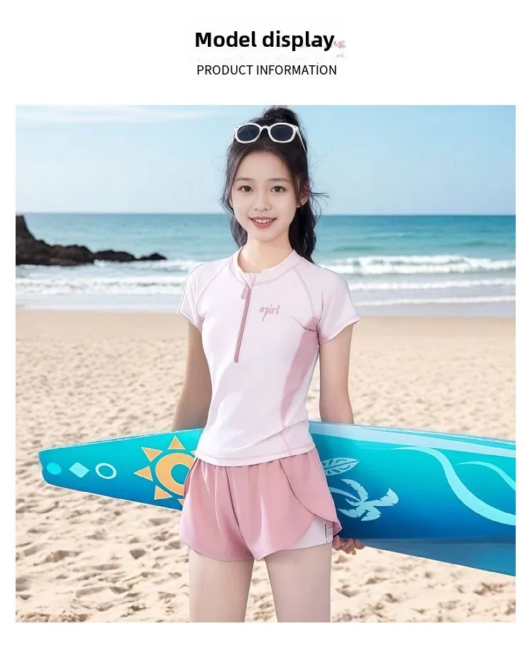 Summer New Girls Swimwear Teen Conservative Two Piece Sports Swimsuit for Developing Youth