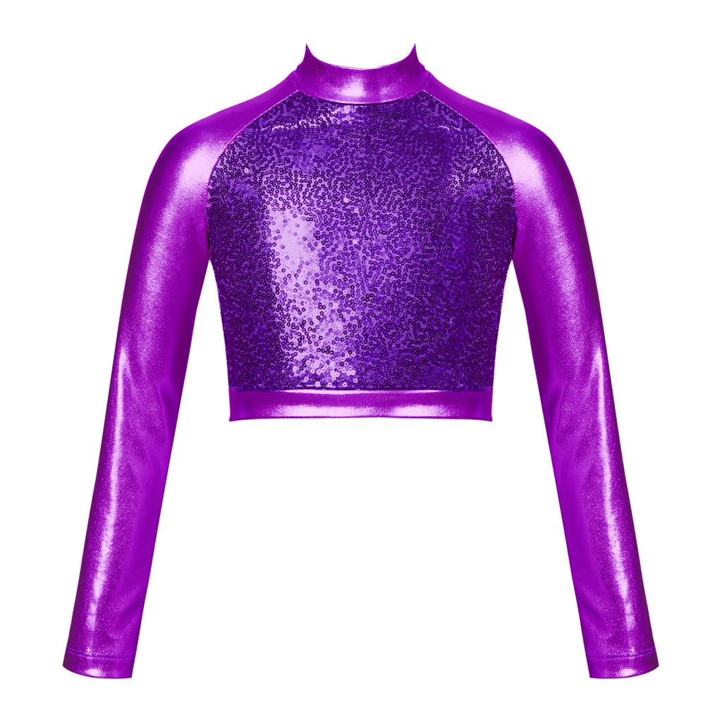 Kids Girls Shiny Metallic Crop Top Mock Neck Long Sleeve Front Sequin Fully Lined Athletic T-Shirts Jazz Hip-hop Dance Tops