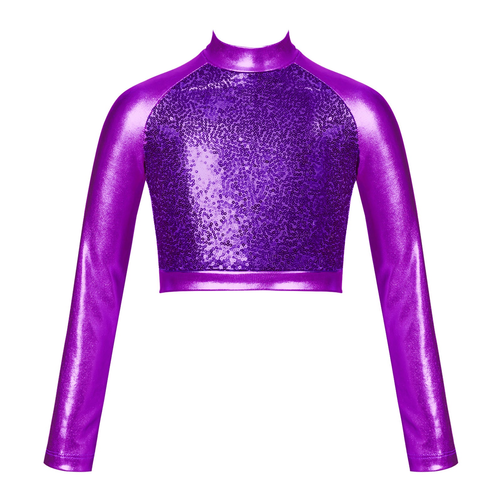 Kids Girls Shiny Metallic Crop Top Mock Neck Long Sleeve Front Sequin Fully Lined Athletic T-Shirts Jazz Hip-hop Dance Tops
