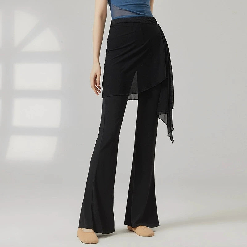 Modern Dance Pant Women Long Microflared Latin Trousers Mesh Wrap Skirt Classical Practice Costume Stage Line Dancewear Female