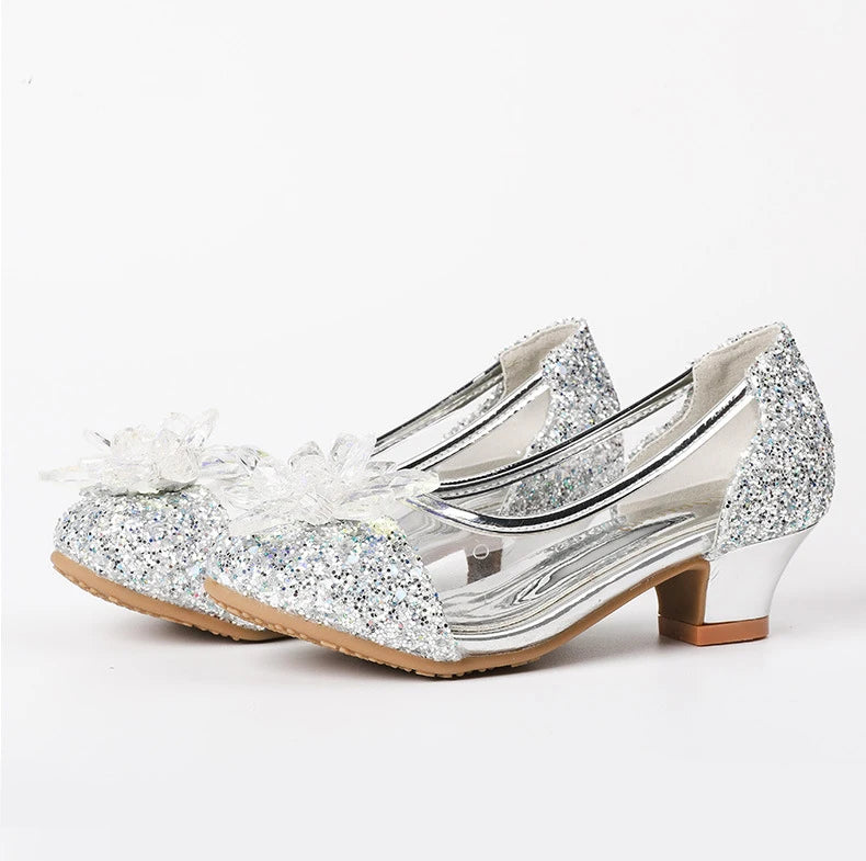 Pink Blue Princess Dance Shoes for Girls Low Heels for Kids Birthday Party Glitter Crystal Diamond Shoe Child Gown Leather Shoes