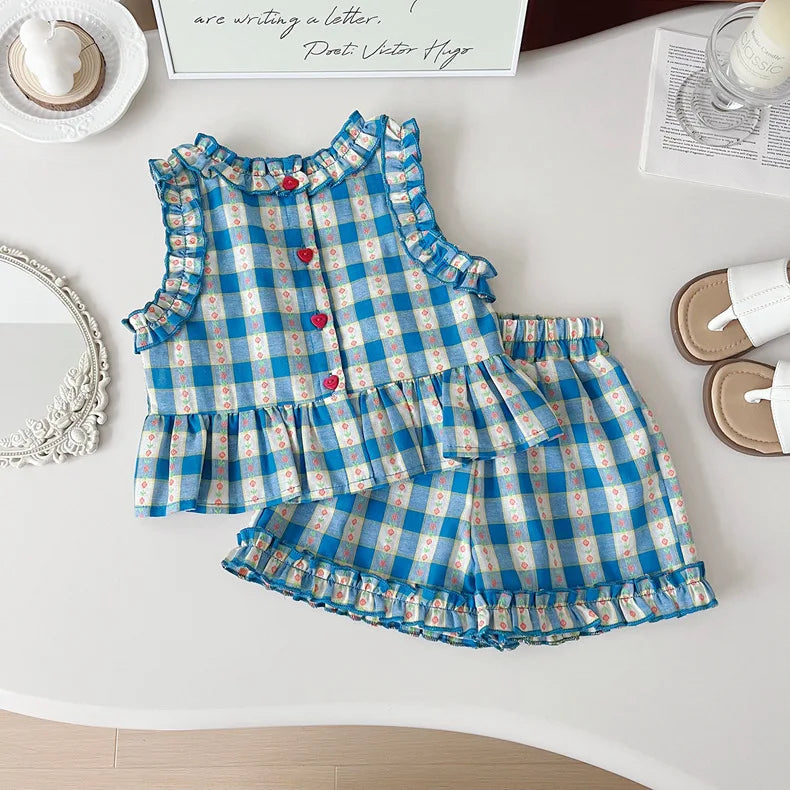 Girls 3-Piece Outfit Set – Blue Plaid Floral Sleeveless Top + Wide Leg Pants & Shorts, Summer Mix & Match Clothes