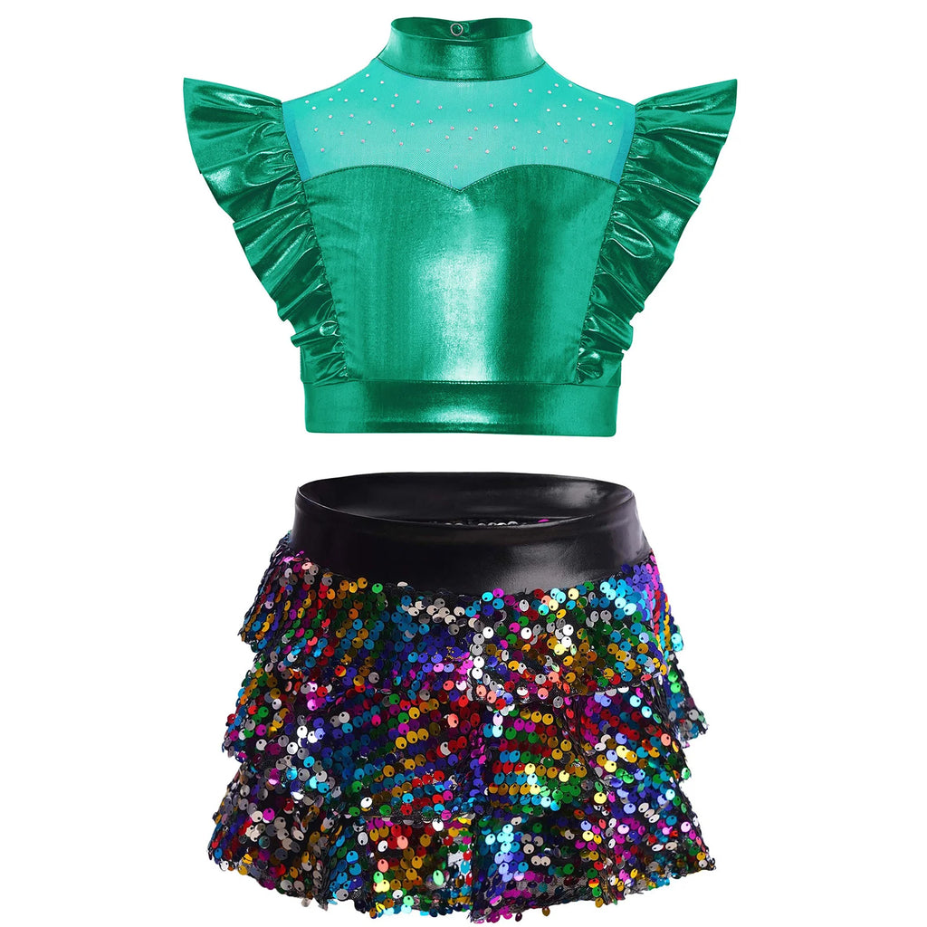 Kid Girls Hip Hop Dance Clothes Kids Jersey Sequin Tiered Skirt Long Tank Top Jazz Metallic Holographic Crop To Cheerleading Set