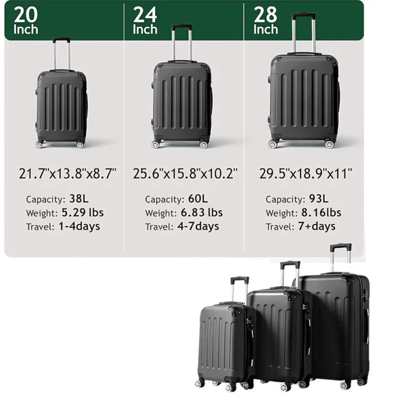 3-Piece Luggage Set Travel Lightweight Suitcases with Rolling Wheels, TSA lock & Hardside Corner, Family Travel Luggages Sets