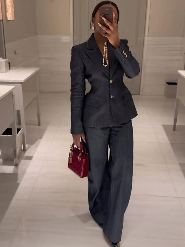 HH Women Denim Blazer Coat Single Breasted Long Sleeve Lapel Suit Jacket With Pockets Female 2025 Spring New Fashion Outwear