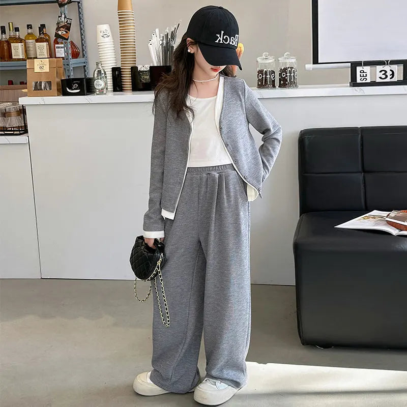 Korea Style Girls Casual Clothing Sets Single Button V-Neck Fake Splice Top and Pants Two Pieces Grey Khaki Kids Teenage Outfits
