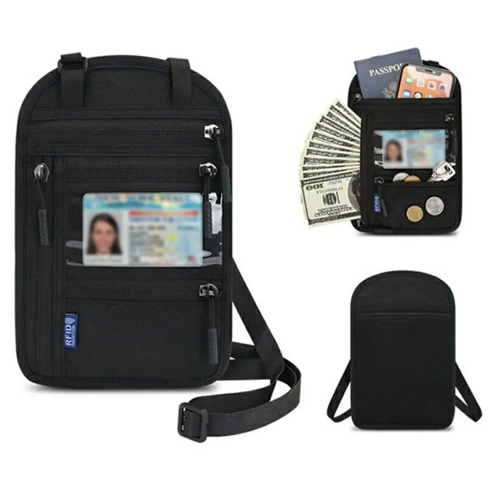 Anti-theft Security Stash Pouch Nylon RFID Blocking Passport Bag with Adjustable Neck Strap Waterproof Travel Neck Wallet
