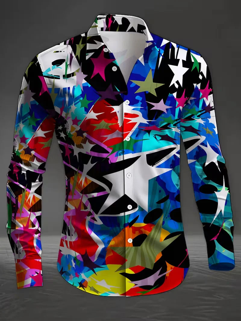 New men's floral shirt long sleeved casual shirt fashionable rose 3D butterfly print lapel slim fit Hawaiian shirt