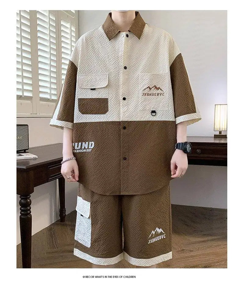Men's 2 Piece Matching Set Short Sleeve Button Down Shirt + Cargo Shorts Textured Color Block Outfit Loose Fit Summer Lounge Set