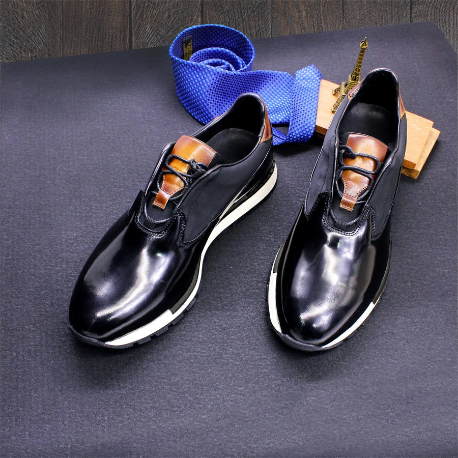 Men's Genuine Leather Casual Shoes Thick Sole Glossy Lace Up Comfortable Handmade Sneakers Dating Marriage Street Men's Shoes