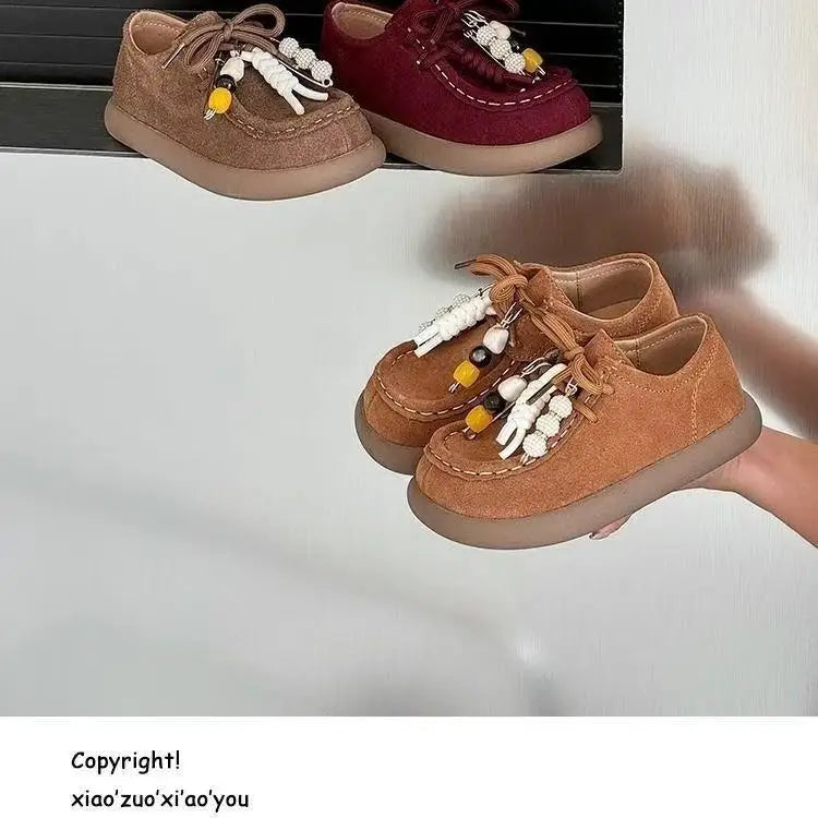 Boys Girls Leather Shoes with Cute Beaded 2025 New Autumn Toddler Walking Shoes Soft Sole Simple Versatile Kids School Loafers