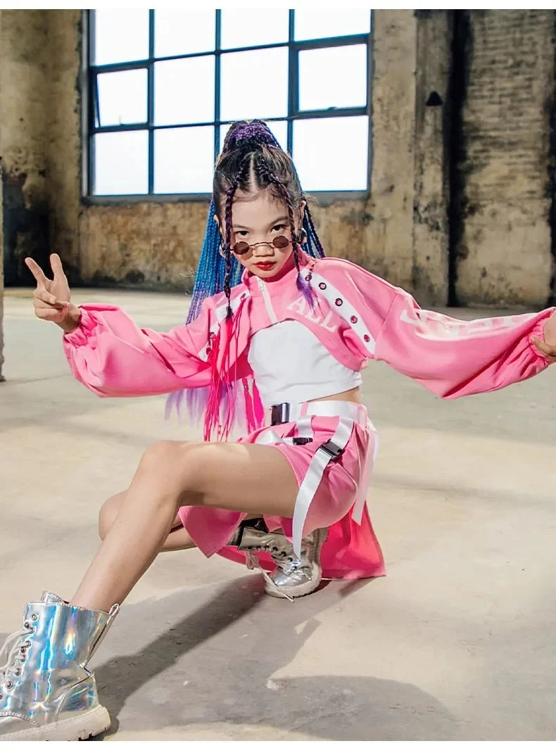 Kid Girl Jazz Dance Costume Children Street Hip Hop Dance Jazz Kpop Dance Costume for Girls Pink Outfit Streetwear Clothes Sets