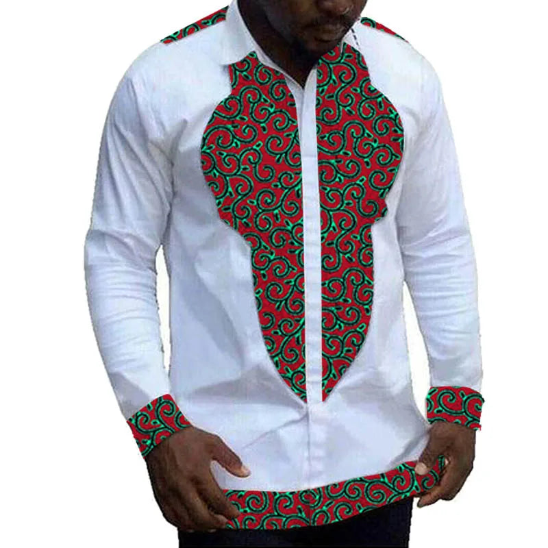 Nigerian Fashion White Men's Shirts Modern Design Casual Shirt Patchwork Long Sleeved Lapel Top African Couture Party Wear