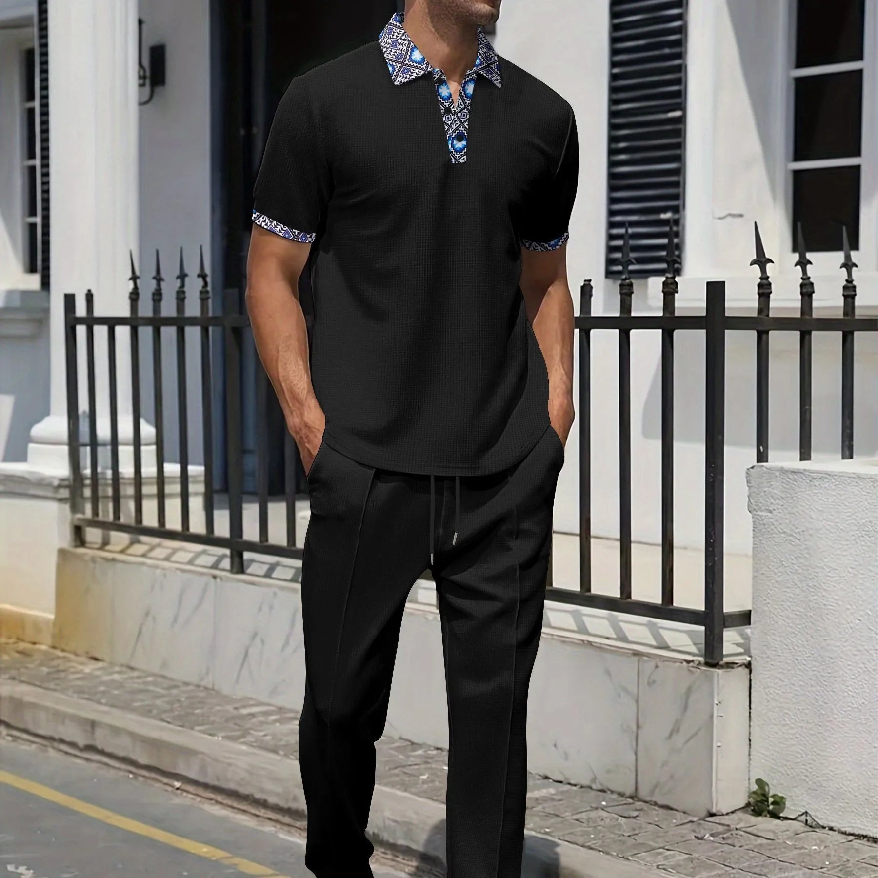 Men's Summer Fashion Set: Color-block Contrast Collar T-shirt + Straight-leg Pants, Trendy and Versatile