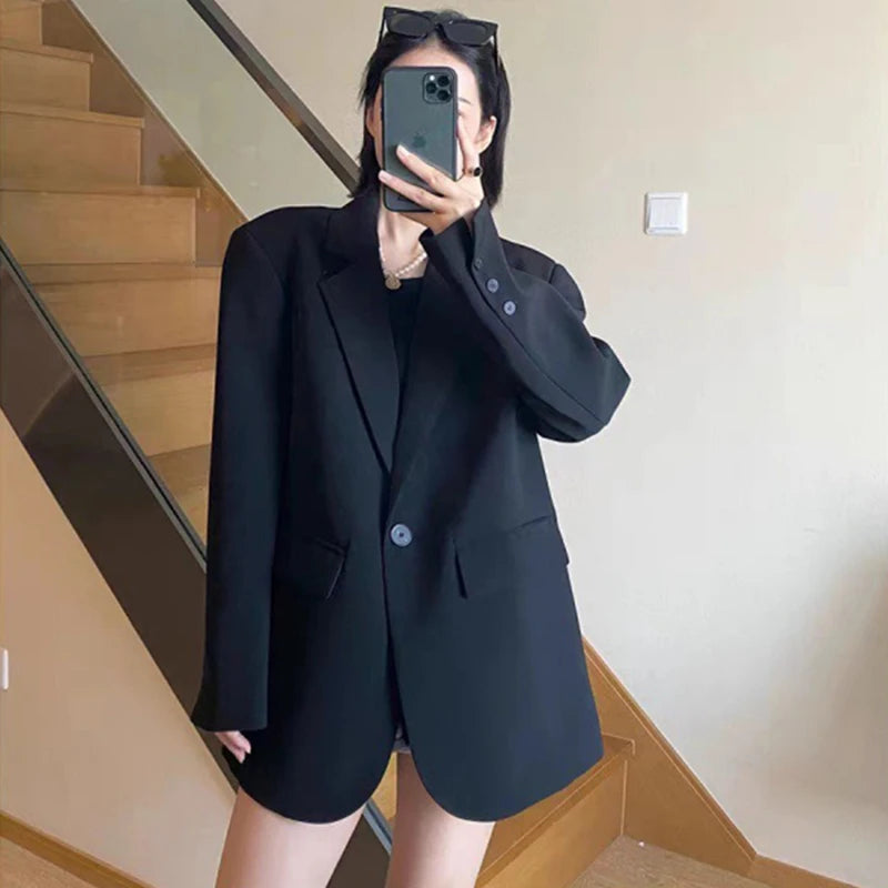 High-End Black Blazers for Women Spring Autumn Korean Chic Single Button Suit Jackets Woman Temperament Office Lady Blazer Coat