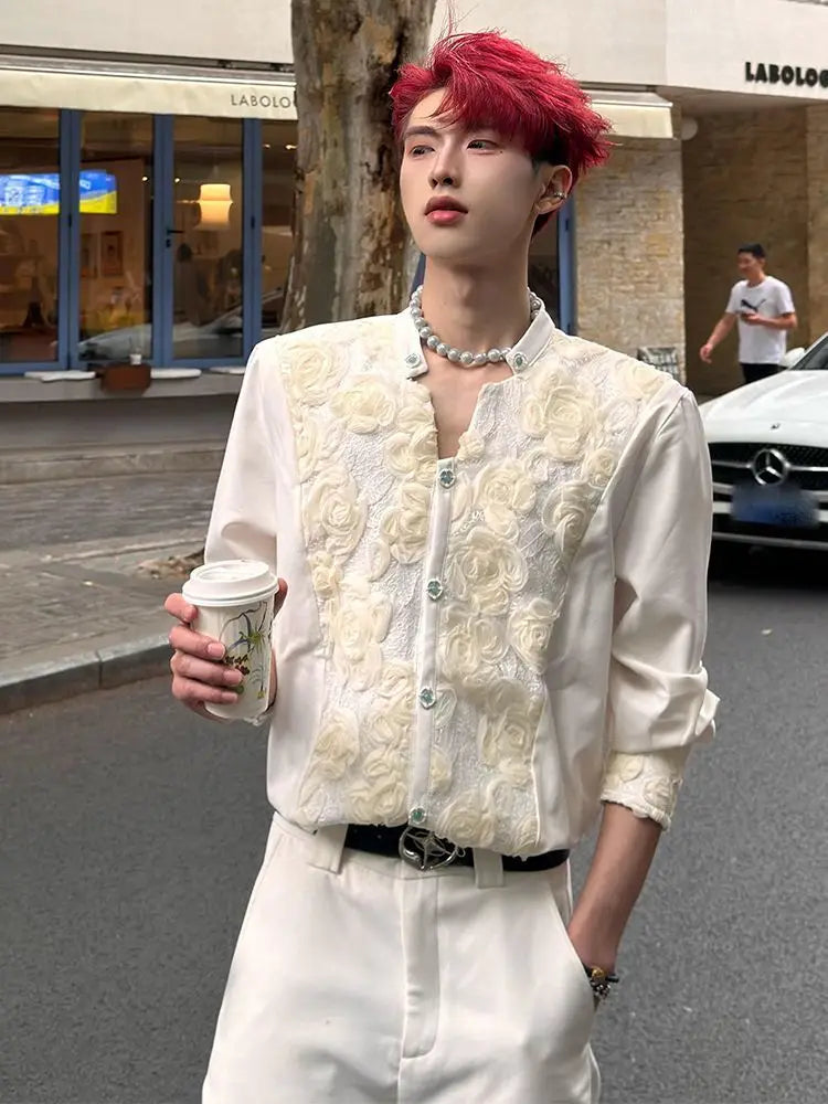 Men's Cream Stand Collar Long-Sleeve Shirt with Rose Embroidery Decorative Buttons Men's Shirts Fashion Men's Clothing