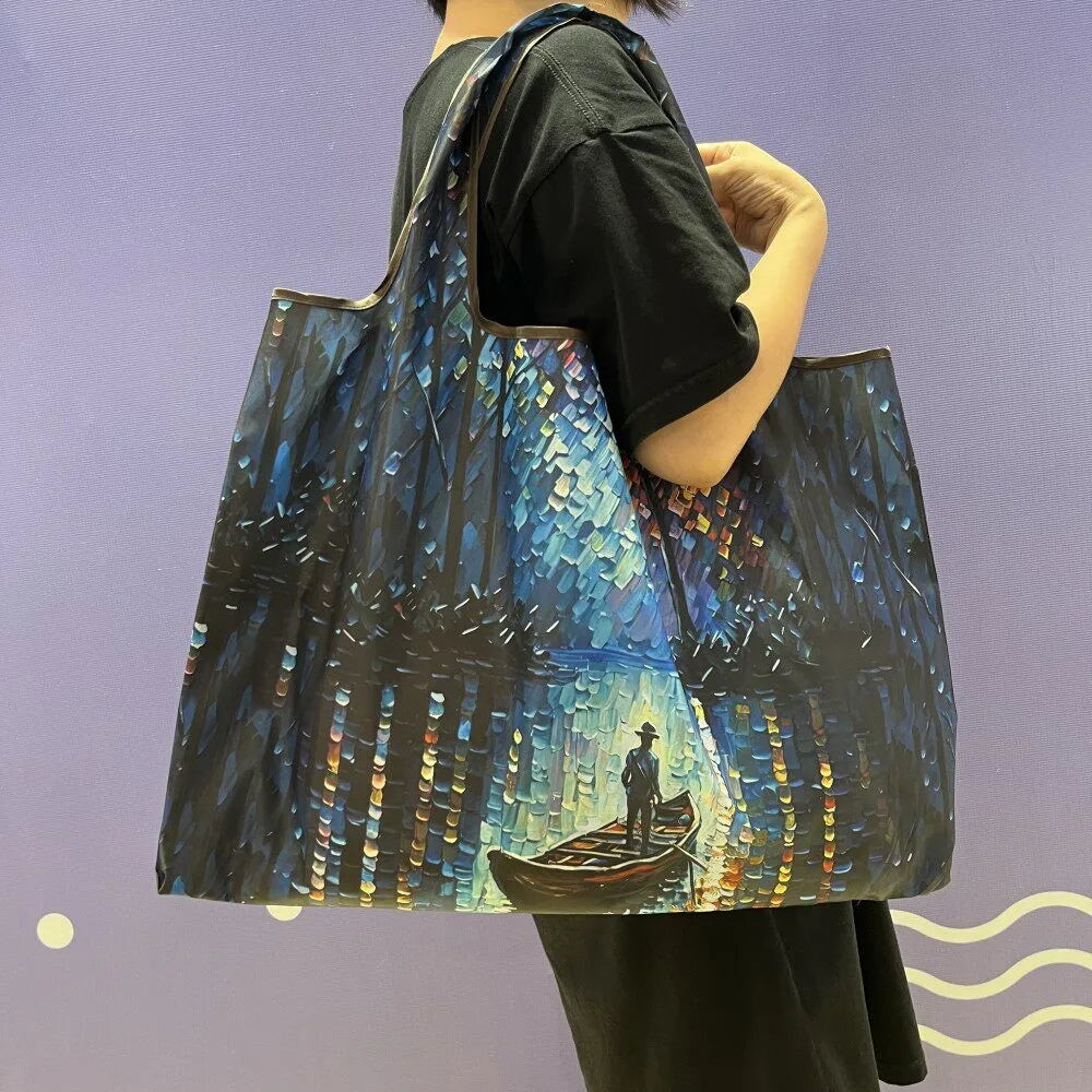 Large Reusable Grocery Shopping Bag Ladies Tote 50lb Fashion Pocket Shoulder Bag Foldable Eco Bag Washable