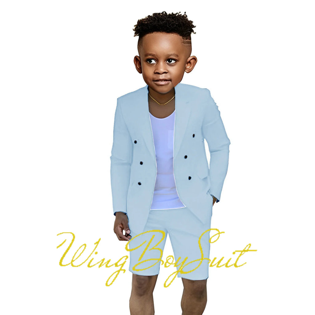 Summer Boys Suit Jacket Shorts 2 Piece Set Double Breasted Design Formal Kids Wedding Tuxedo Ring Holder Clothes