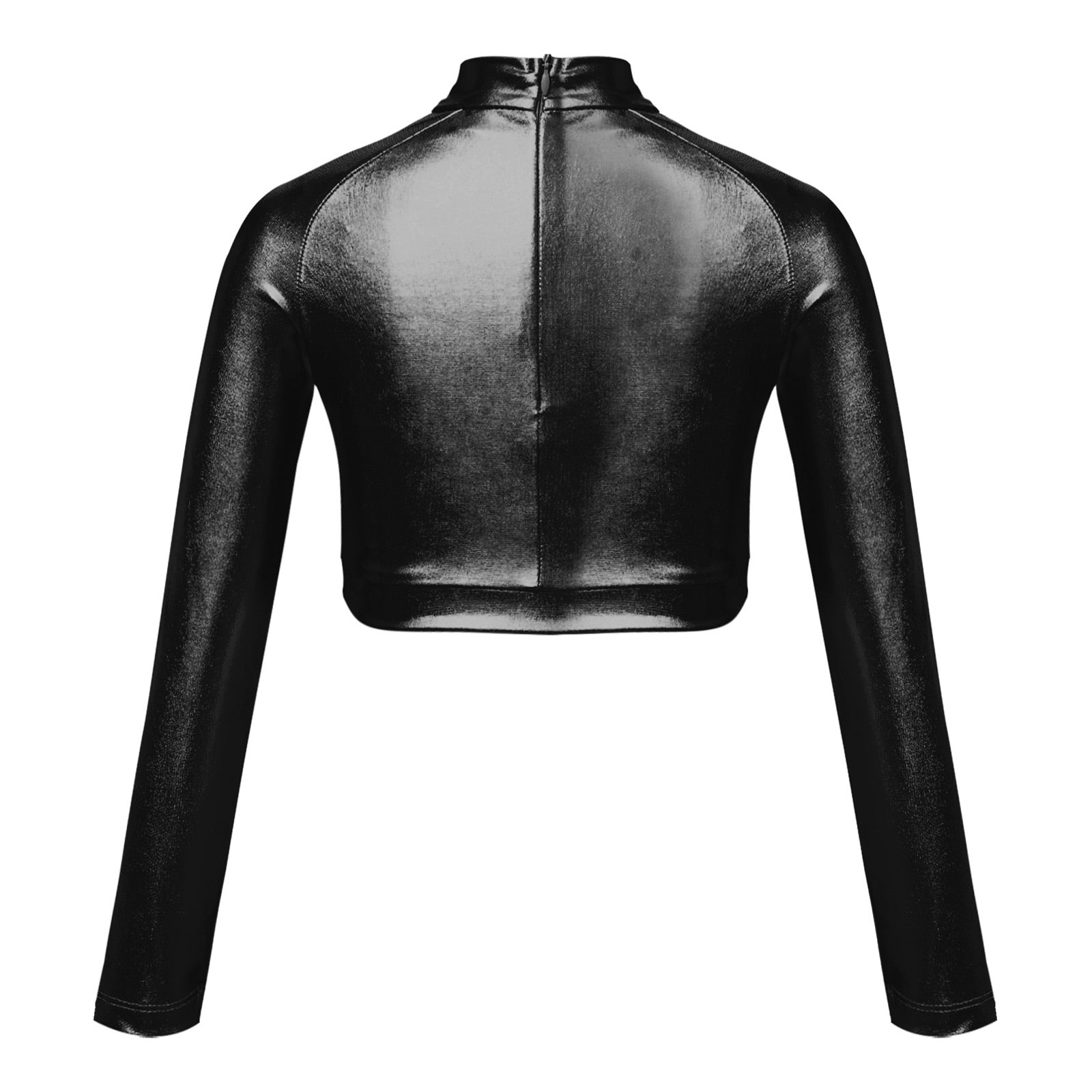 Kids Girls Shiny Metallic Crop Top Mock Neck Long Sleeve Front Sequin Fully Lined Athletic T-Shirts Jazz Hip-hop Dance Tops