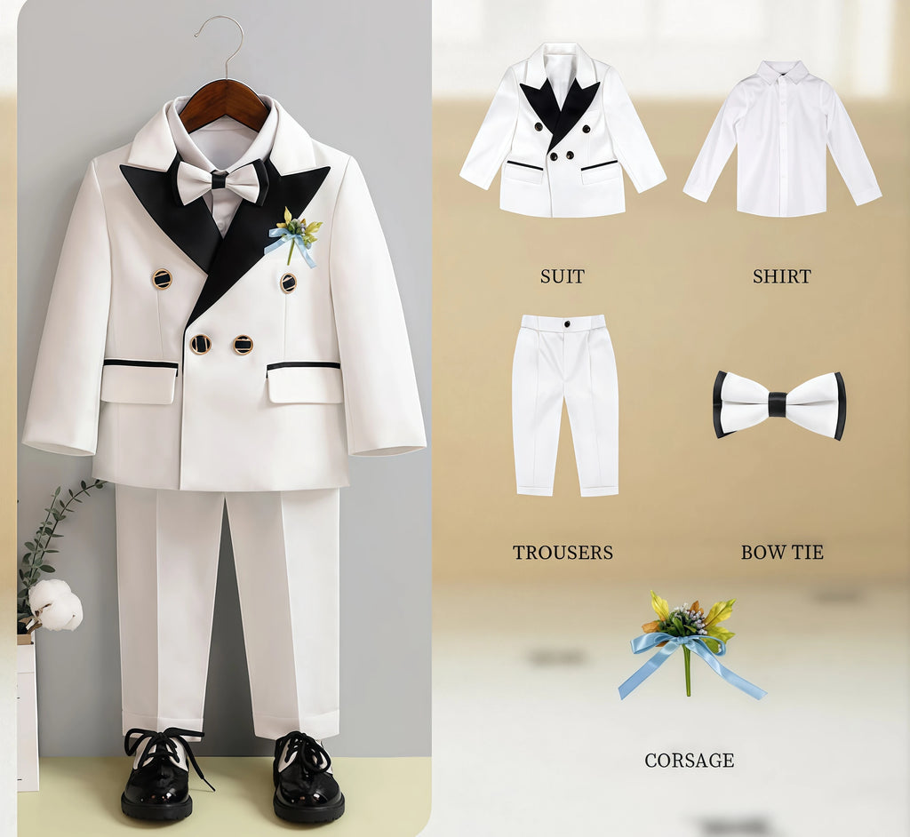 Children Three-Piece White Wedding Suit Kids Jacket Pants Bow Tie For Flower Boys Birthday Tuxedo Party Photograph Formal Outfit