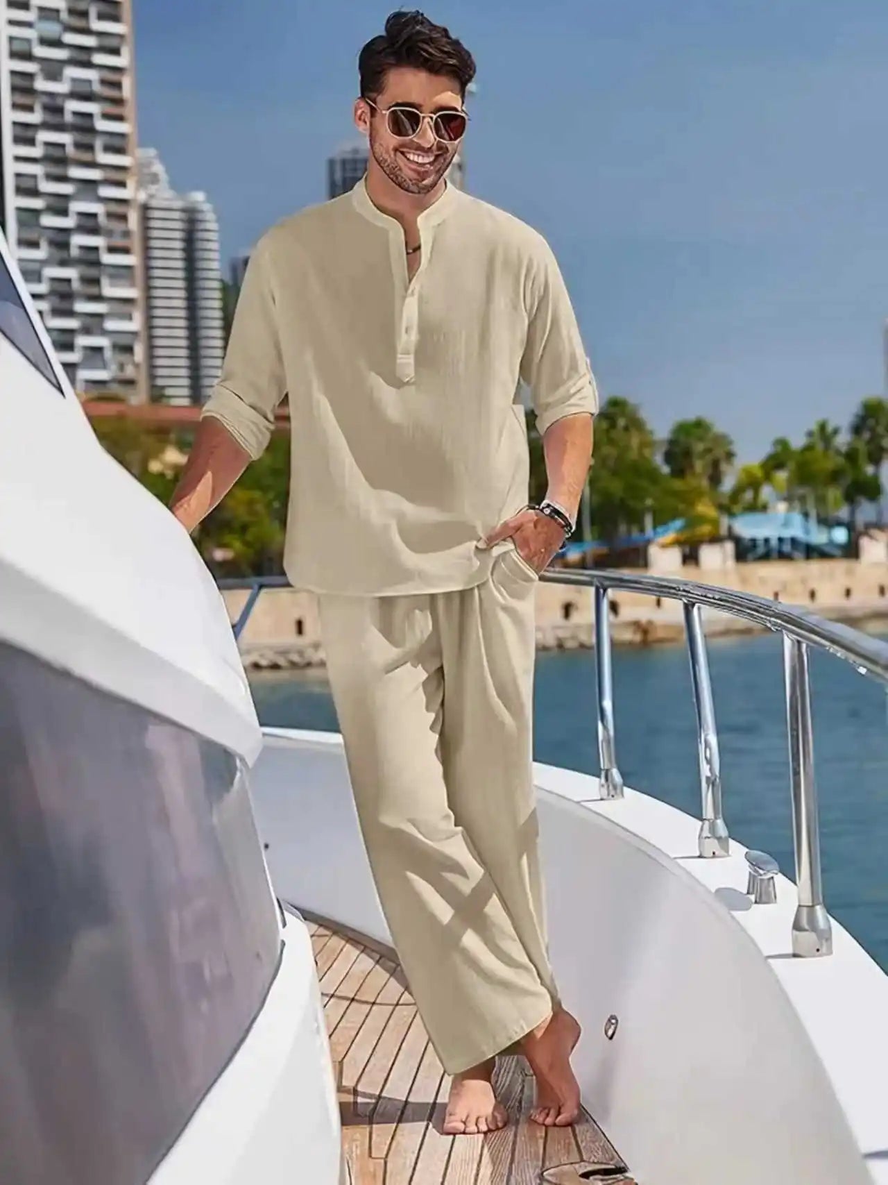 Men's White Linen Suit Set Long Sleeve Henley Shirt and Elastic Waist Pants Two Piece Outfit Summer Casual Comfortable