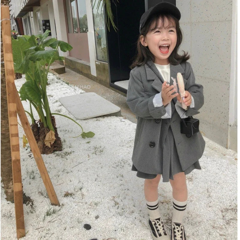Baby Girls Boy Suit  Kids Tops Coats Jacket British Gray Childrens Clothing Fashion Double-breasted Spring Autumn Costume Sets