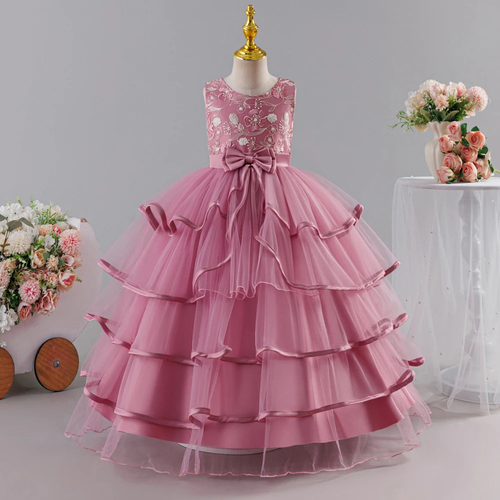 Girls Princess Dress Sleeveless Lace Embroidery Tiered Tulle Bow Formal Evening Gown for Wedding Birthday Party Christmas