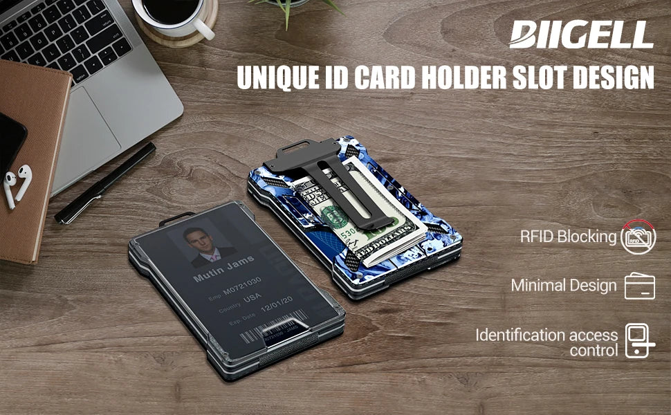 Men's Slim Aluminum RFID Wallet - 15 Card Capacity with Metal Money Clip + Clear ID Window, Anti-Theft Minimalist Design