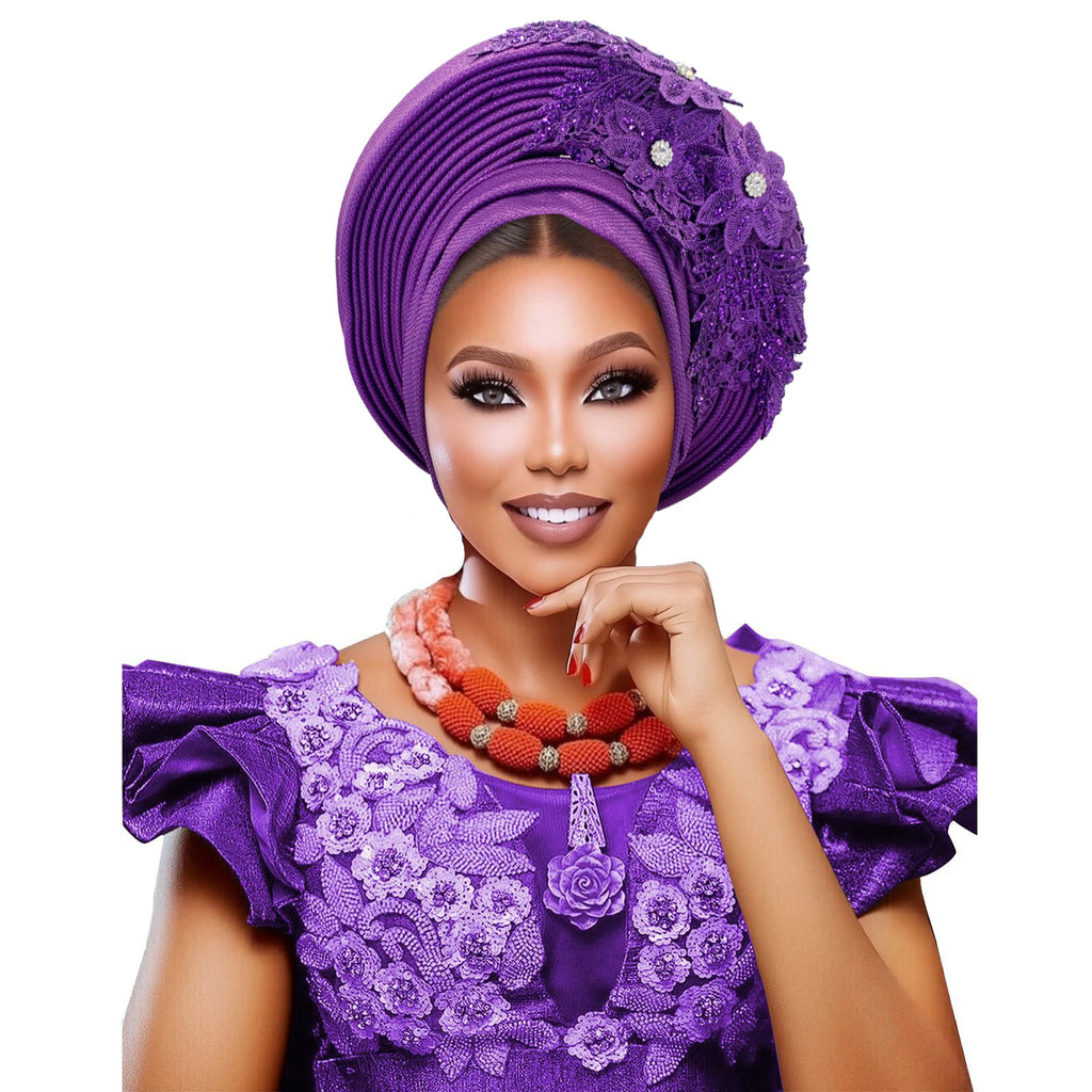 Elegant African Autogele Women's Turban Cap Nigeria Wedding Gele Ready to Wear Headtie with Embroidery Lace Party Headwear