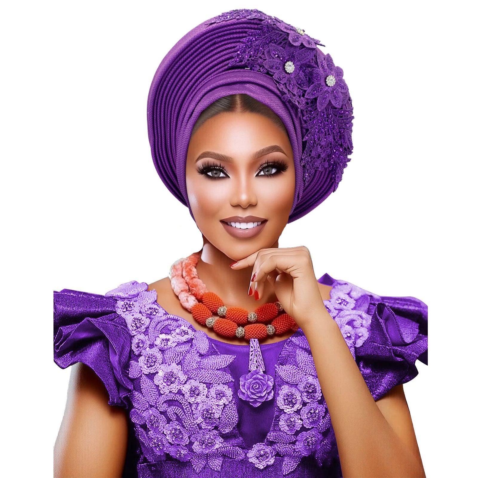 Elegant African Autogele Women's Turban Cap Nigeria Wedding Gele Ready to Wear Headtie with Embroidery Lace Party Headwear