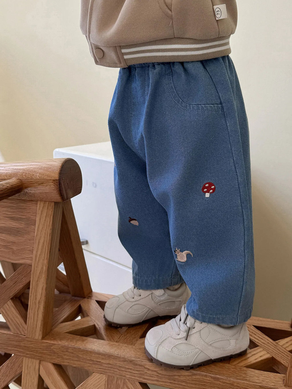 2026 Fall New Toddler Kids Pants Cotton Cartoon Embroidered Harem Pants Baby Boy Casual Striped Denim Baggy Trousers