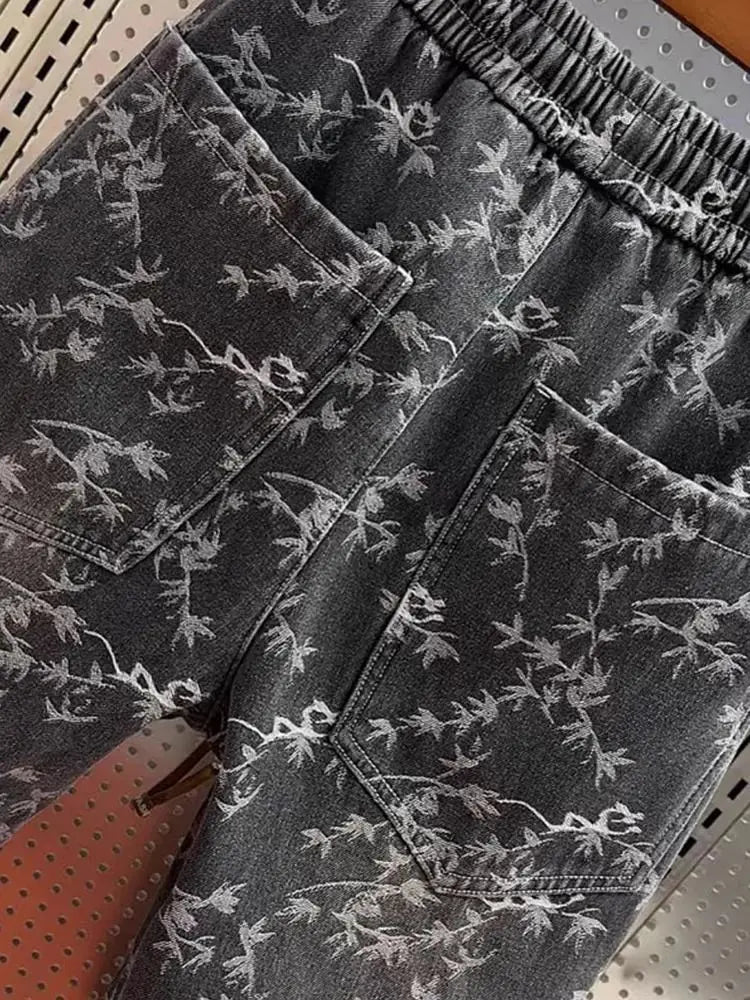 Men's Jeans Loose Jacquard Casual American Waist Drawstring Ties Versatile Trendy Spring and Autumn Harem Pants