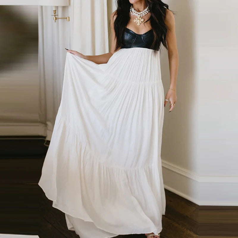 Summer Sexy Color Blocked Beach Vacation Dress Elegant High Waist Off Shoulder Dress Fashion PU Leather Spliced Pleat Maxi Dress