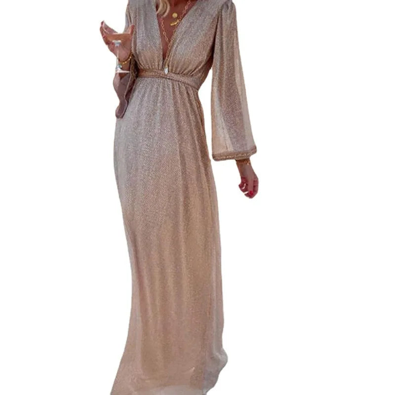 New 2026 Women's Sexy Evening Dresses Deep V-neck Gold Elegant Dress Female Wedding Party Long Formal Prom Party Gowns Vestidos