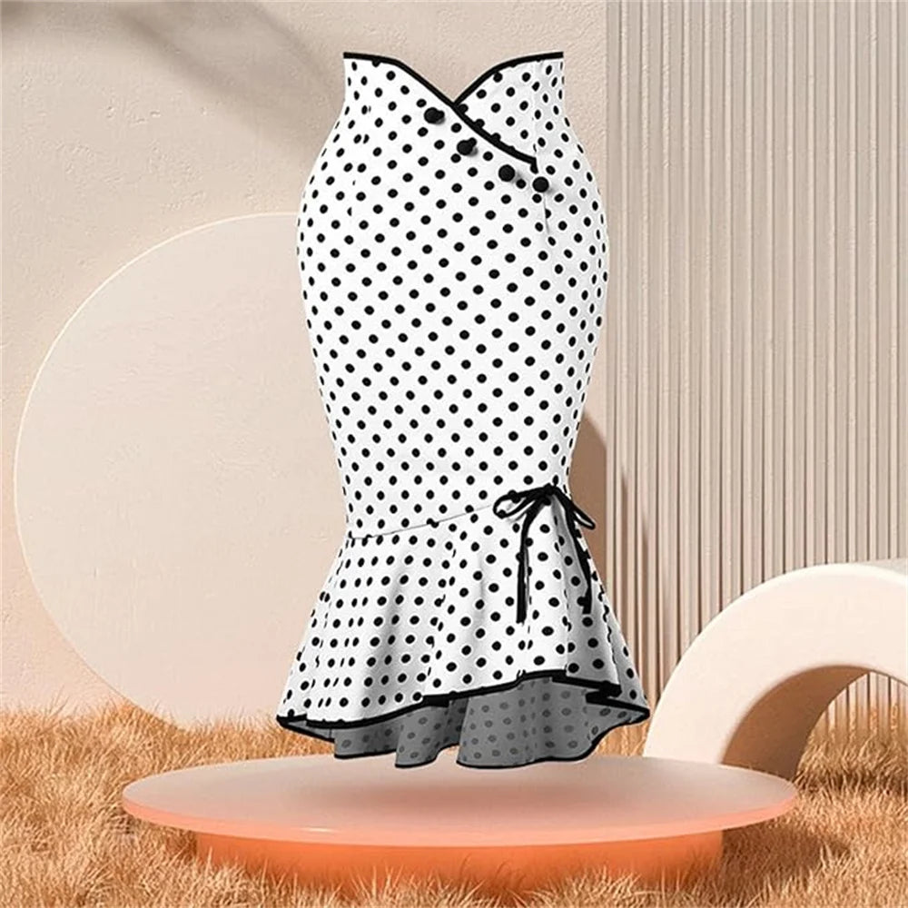 2025 Midi Skirt Womens Ruffles Bodycon Fishtail Skirt Retro Polka Dot Casual Party Pencil Skirt Midi Wrap Skirt Plus Size Skirts