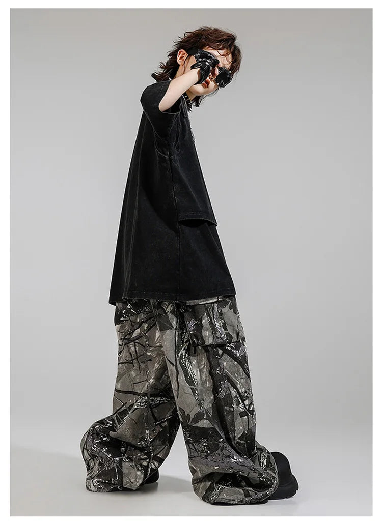 Kid Kpop Clothing Fake-2-Piece T Shirt Leaf Print Streetwear Harajuku Hip Hop Jeans for Girl Boy Jazz Dance Costume Clothes