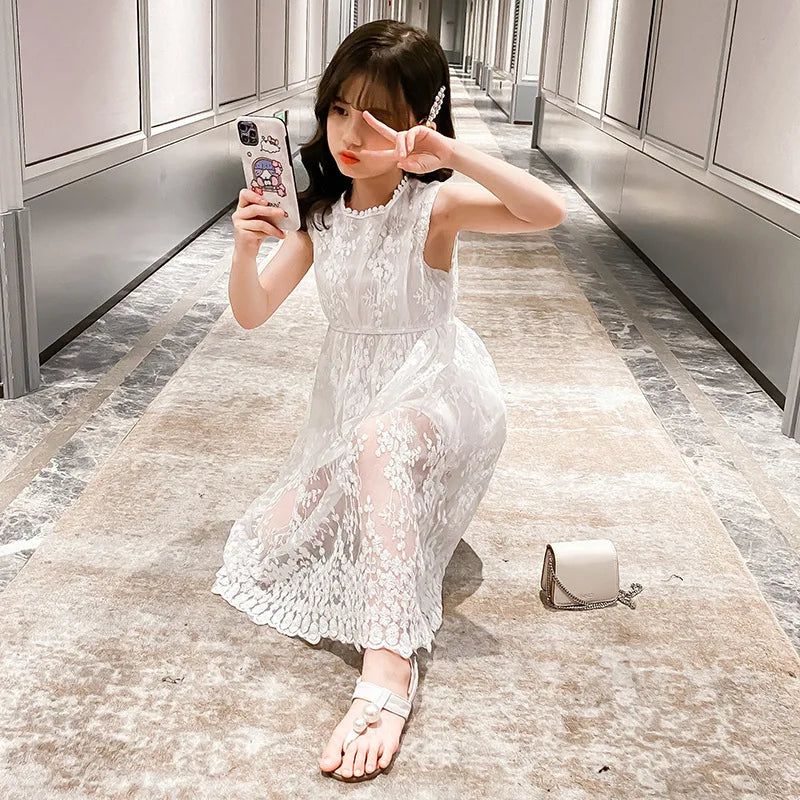 2026 summer Teenager kids Girls clothes floral mesh Princess white Dress lace off shoulder sleeveless 5 6 7 8 9 10 11 12 Years