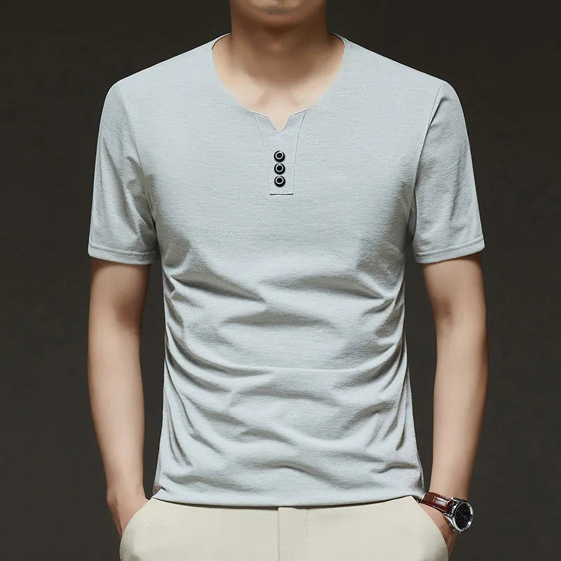 Three Button V-neck T-shirt Men 2026 New Men's Business Casual Short Sleeve Tshirt Korean Style Summer Comfortable Versatile Top