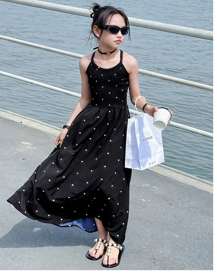 teenage girls dress design sense cross tie polka dot camisole princess dresses summer junior backless long skirt prom dresses 12