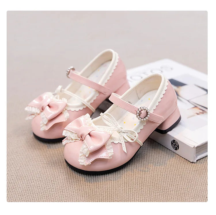 Girl Princess Shoes Spring 2026 New Bow French Heels Leather Shoe Sweet Lolita Party Dress Shoes Children's Mary Jane Size 26-36