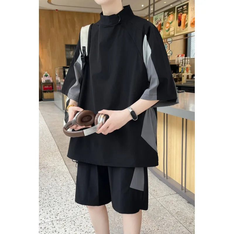 【T-Shirt + 5-Point Shorts】Men's T-Shirt Set Summer Fashion Nylon Blend Diagonal Neck Streetwear Sports Leisure Two-Piece Suit