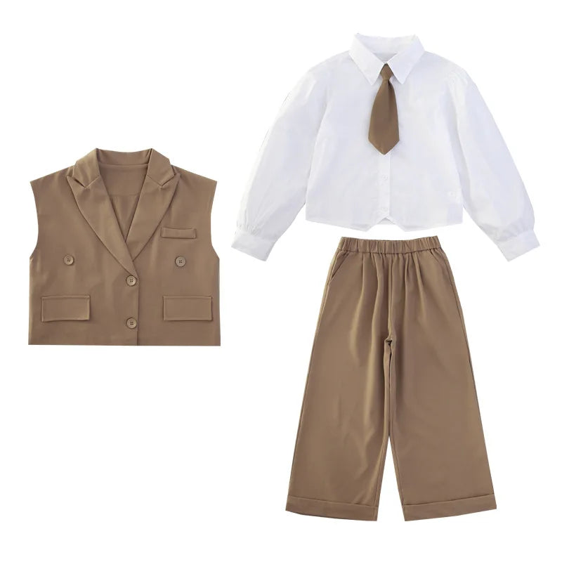 New Girls Blazer Suit Clothing Sets 2026 Spring Autumn New Kids Vest+Pants Fashion Loose Formal Teens Casual Outfits 3-14 Years
