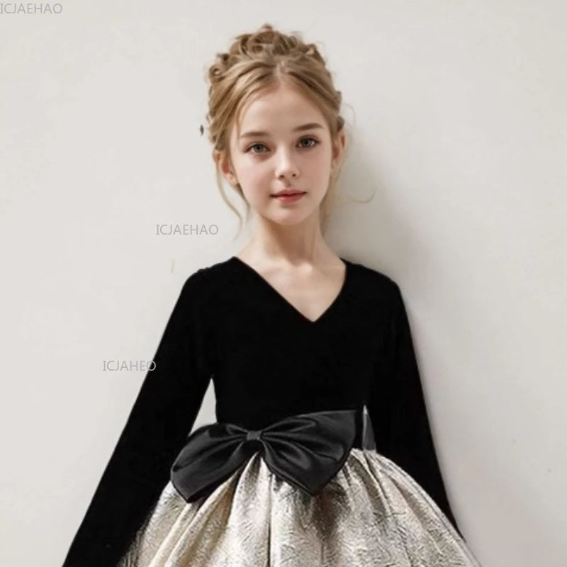 Girls Long Sleeve Black Party Dress New Kids Pageant Gown for Fashion Show Piano Performance Formal Wear Autumn Winter Children